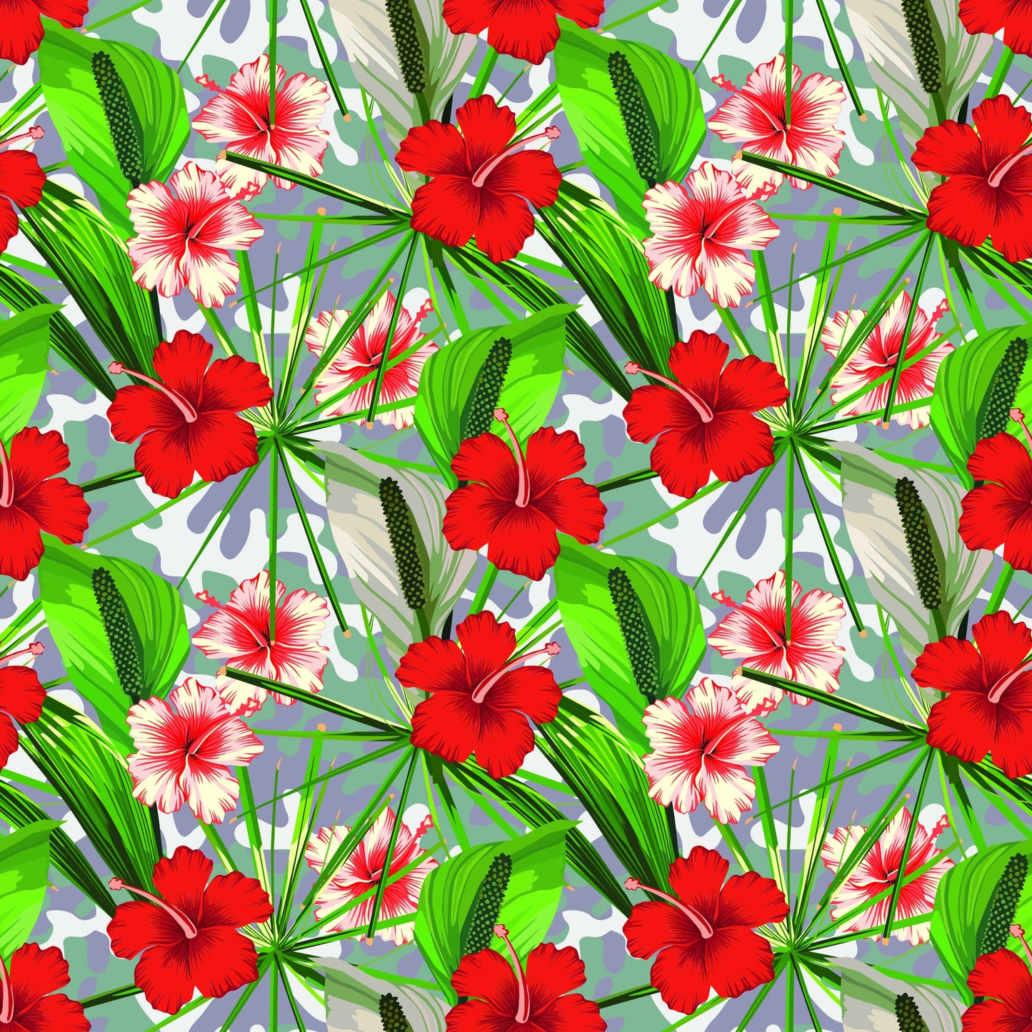 Red and White Hibiscus Flowers on Camo