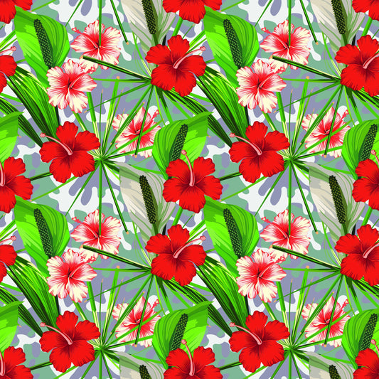 Red and White Hibiscus Flowers on Camo